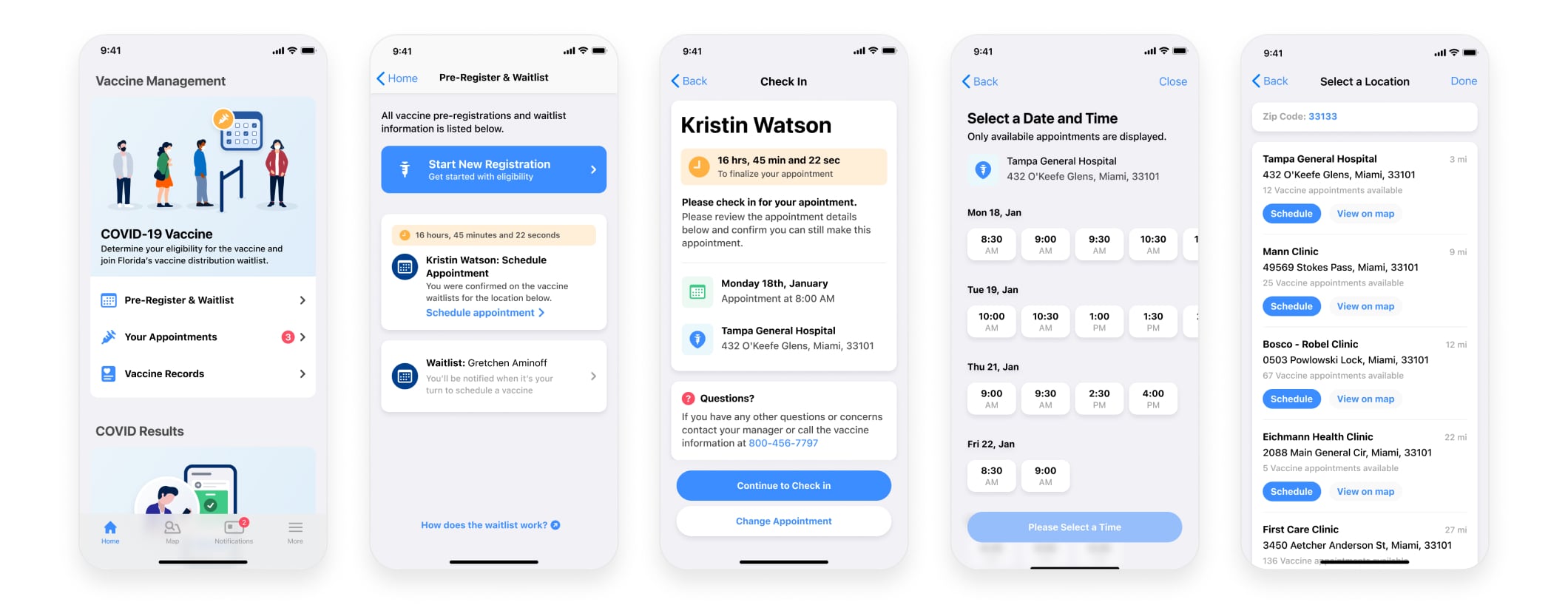 Screens for choosing an appointment date and location